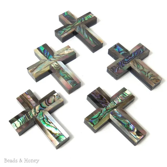Black Lip Shell Cross with Abalone Shell Focal Pendant 40x30mm (1pc)