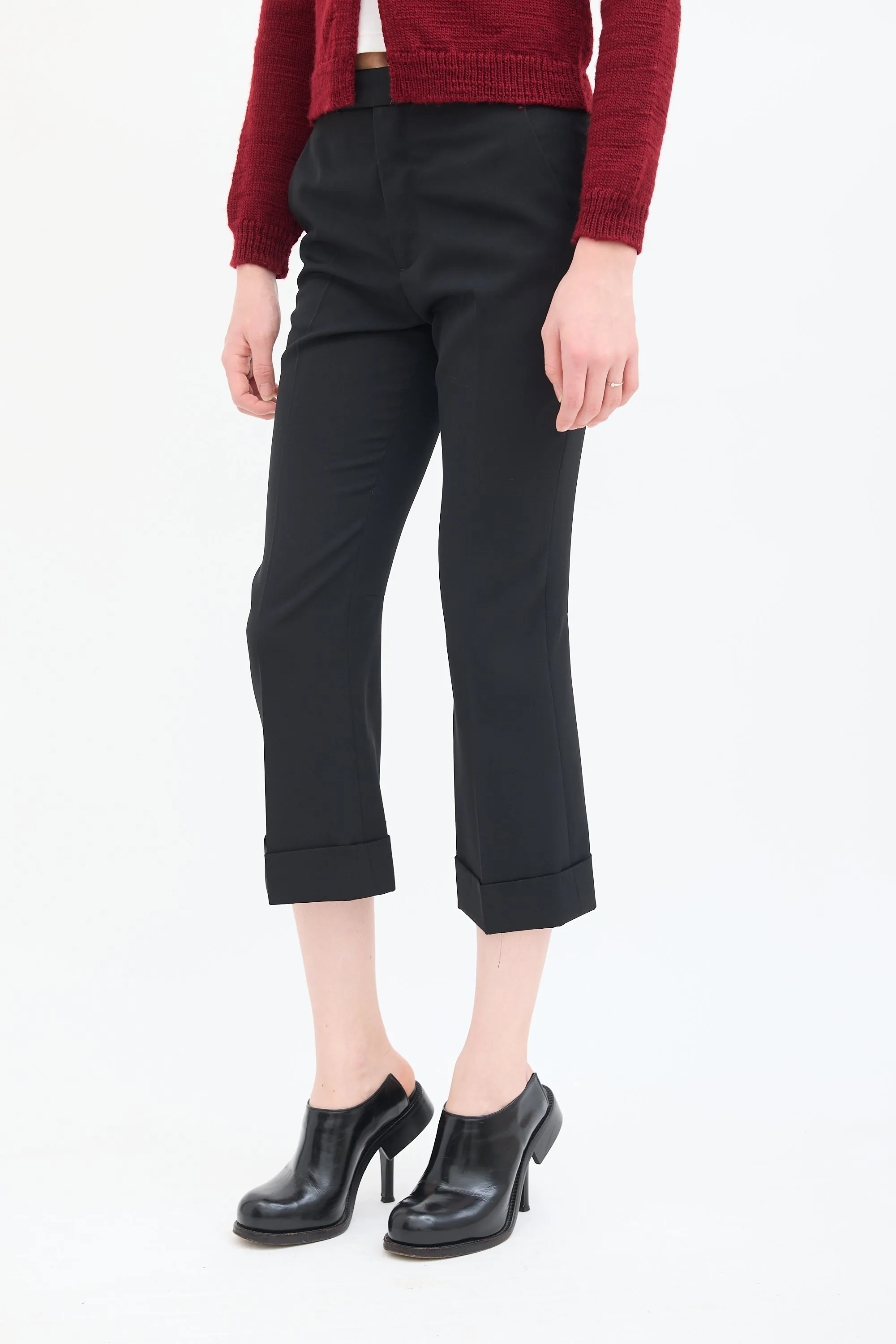 Black Wool Flared Cropped Trouser