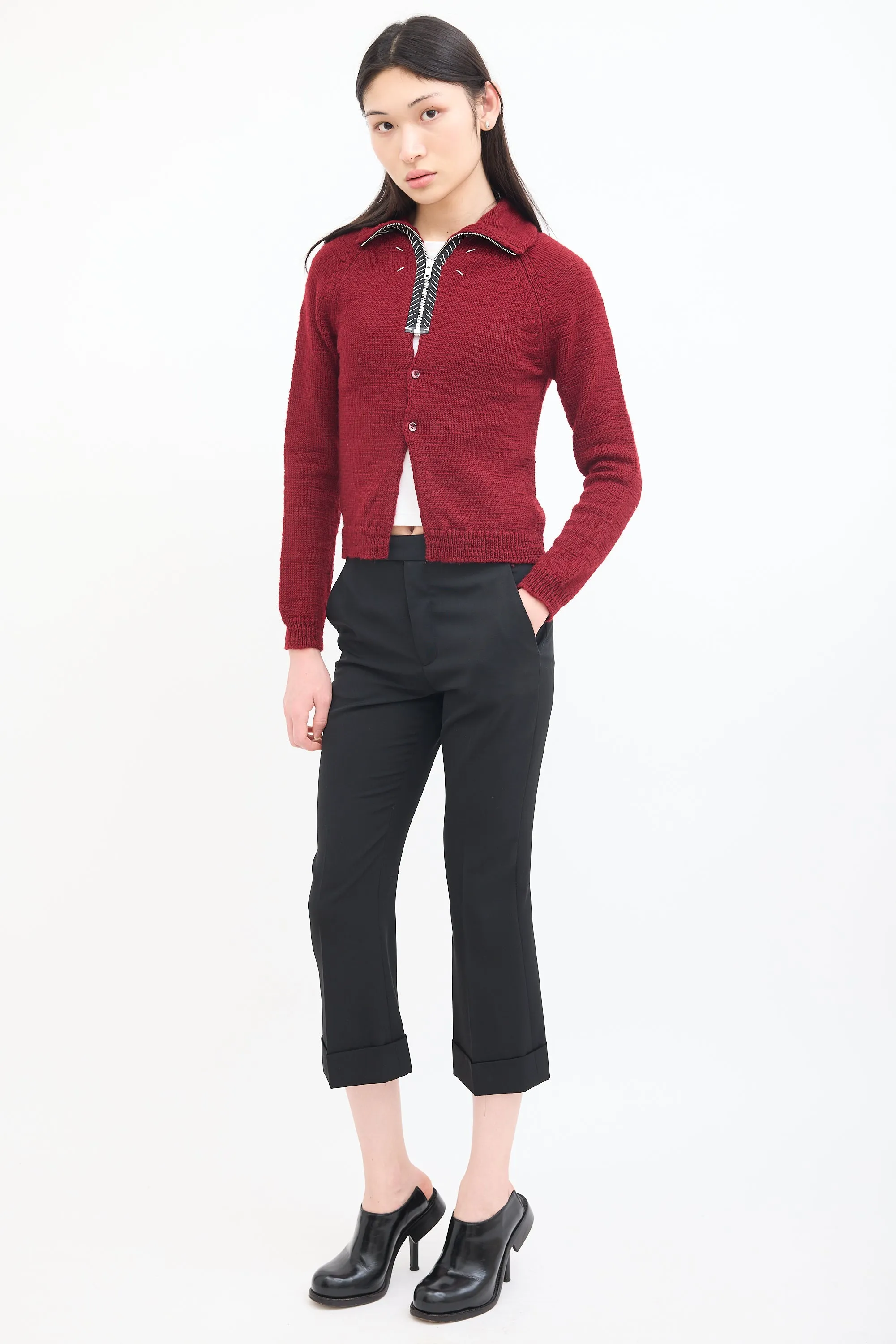 Black Wool Flared Cropped Trouser