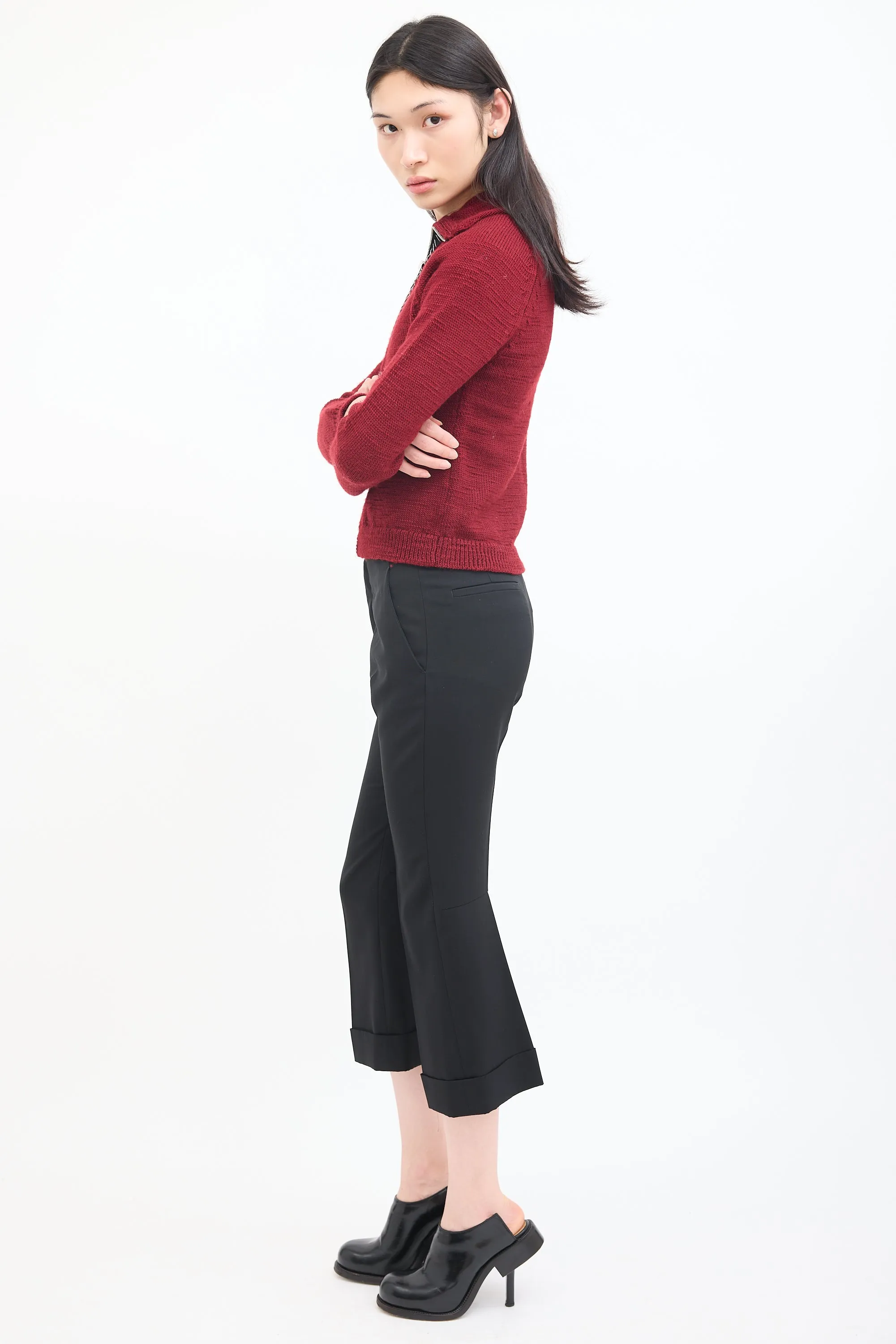 Black Wool Flared Cropped Trouser