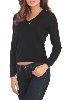 Cashmere Company COLLO V NR Black Cashmere Blend Womens Sweater