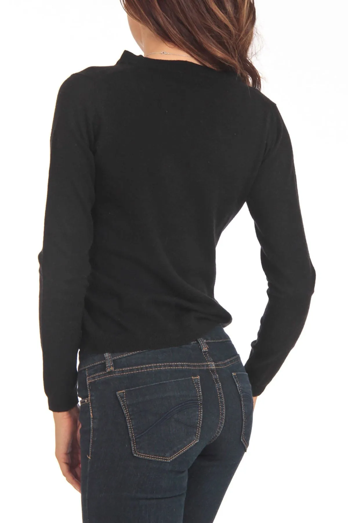 Cashmere Company COLLO V NR Black Cashmere Blend Womens Sweater