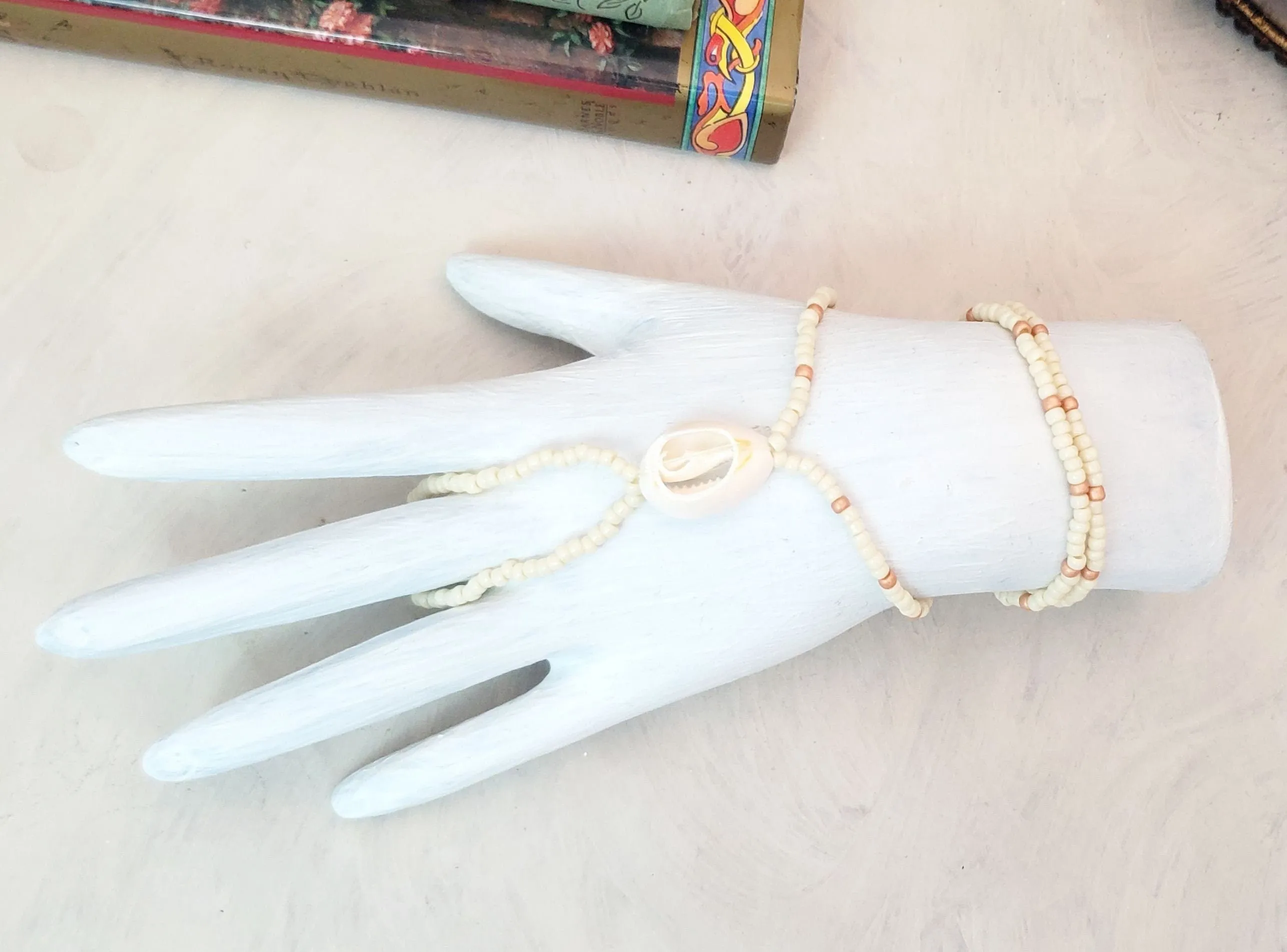 Elastic Beaded Barefoot Sandal or Hand Flower in Opaque White/Ivory   Soft Copper w/Real Shell, Boho, Bohemian, Wedding, Bridesmaid