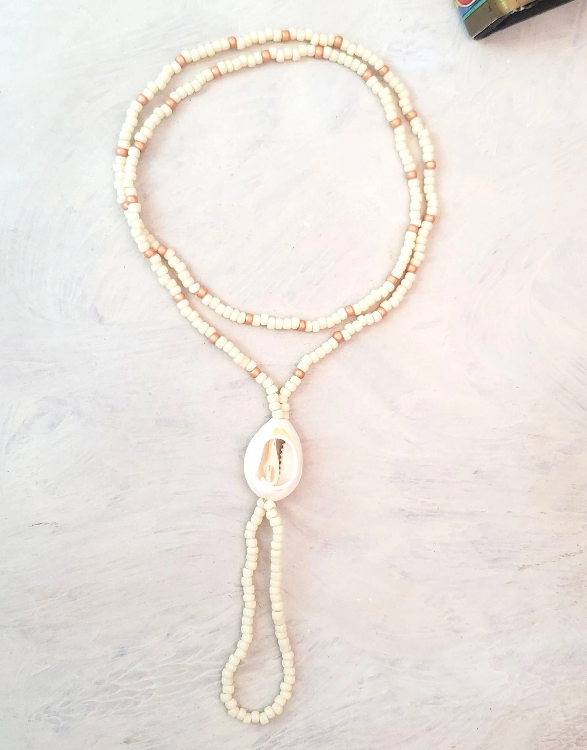 Elastic Beaded Barefoot Sandal or Hand Flower in Opaque White/Ivory   Soft Copper w/Real Shell, Boho, Bohemian, Wedding, Bridesmaid