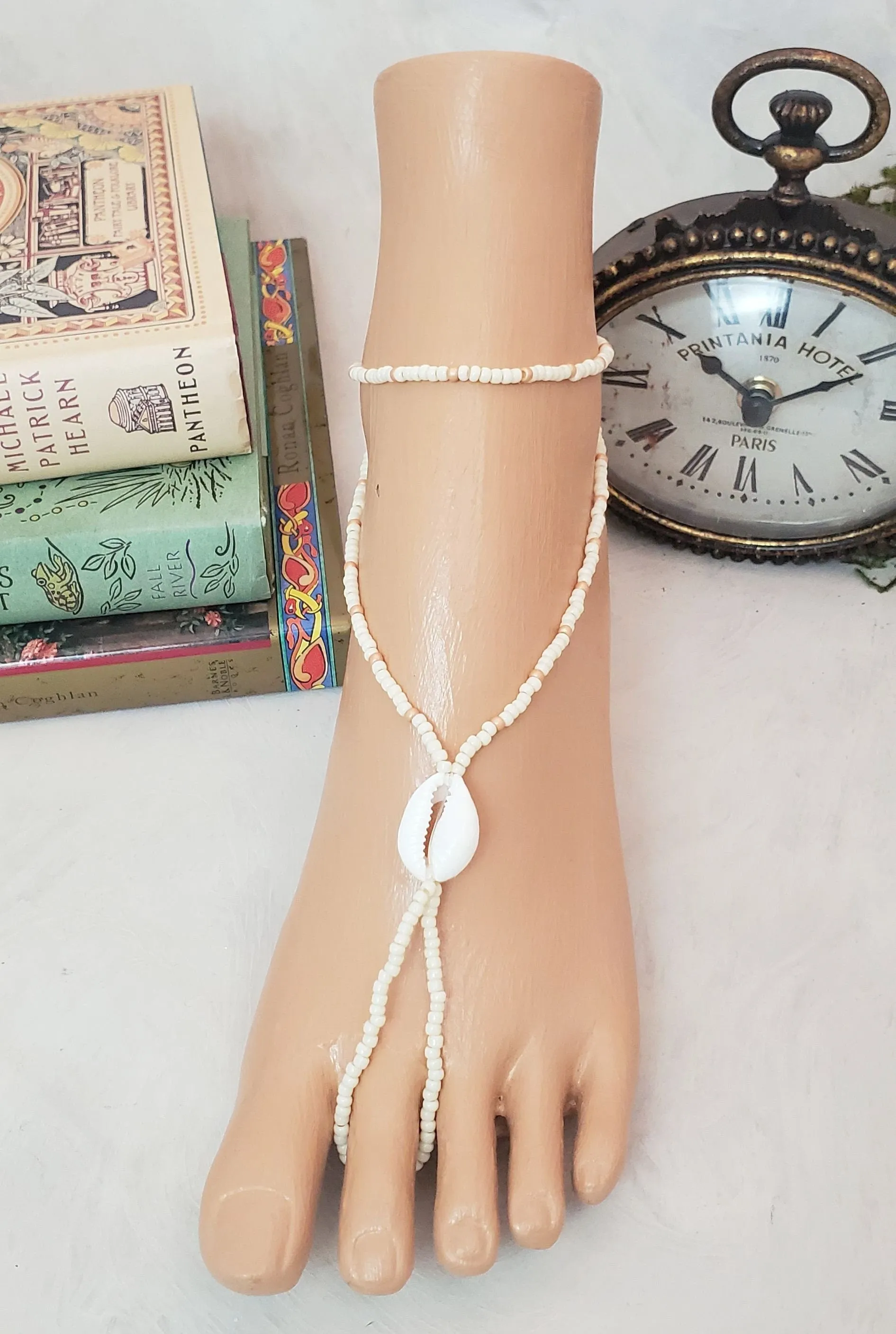 Elastic Beaded Barefoot Sandal or Hand Flower in Opaque White/Ivory   Soft Copper w/Real Shell, Boho, Bohemian, Wedding, Bridesmaid