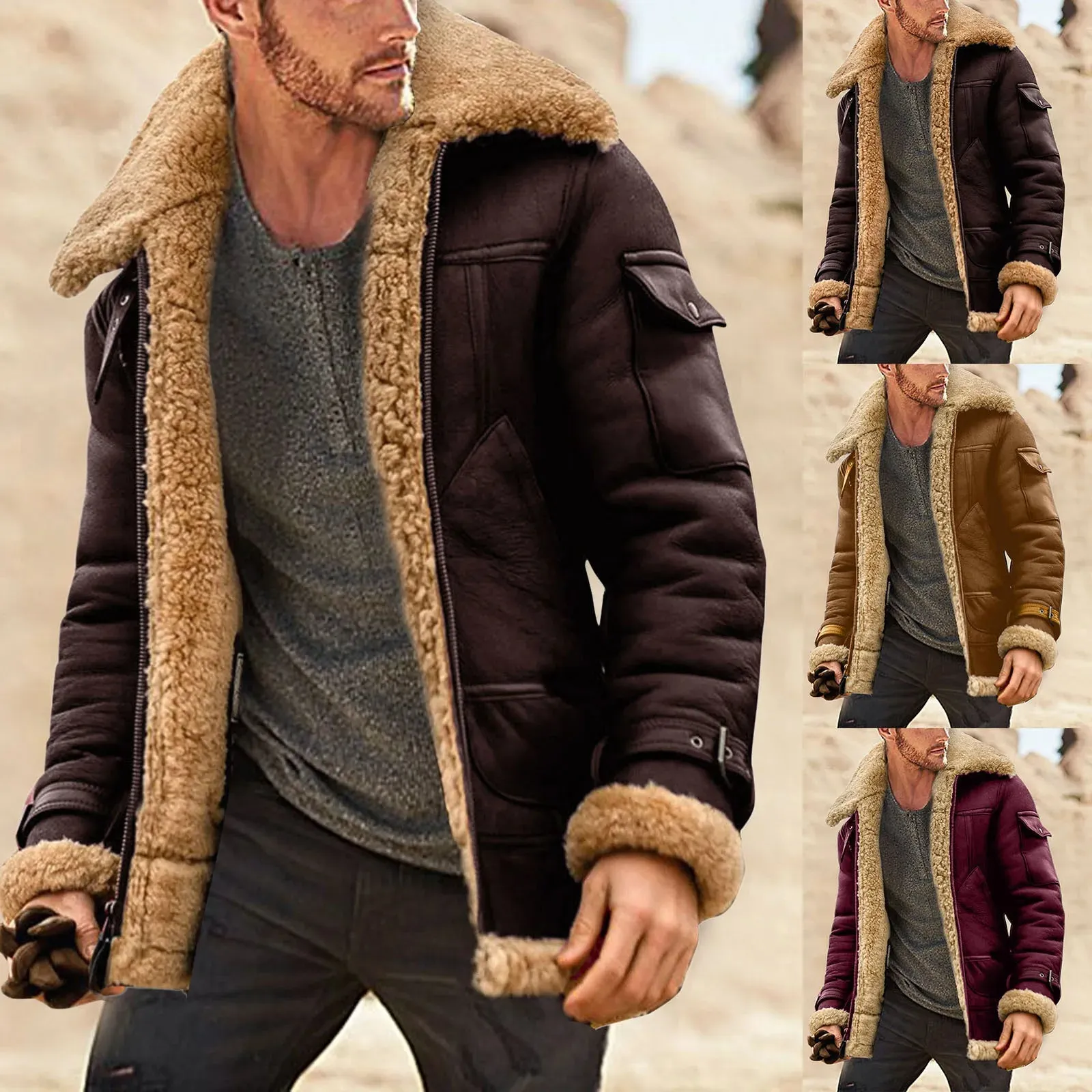 Men Plus Size Winter Scrub Leather Jackets Lapel Long Sleeve Padded Leather Jacket Vintage Thicken Padded Windbreaker Outwears