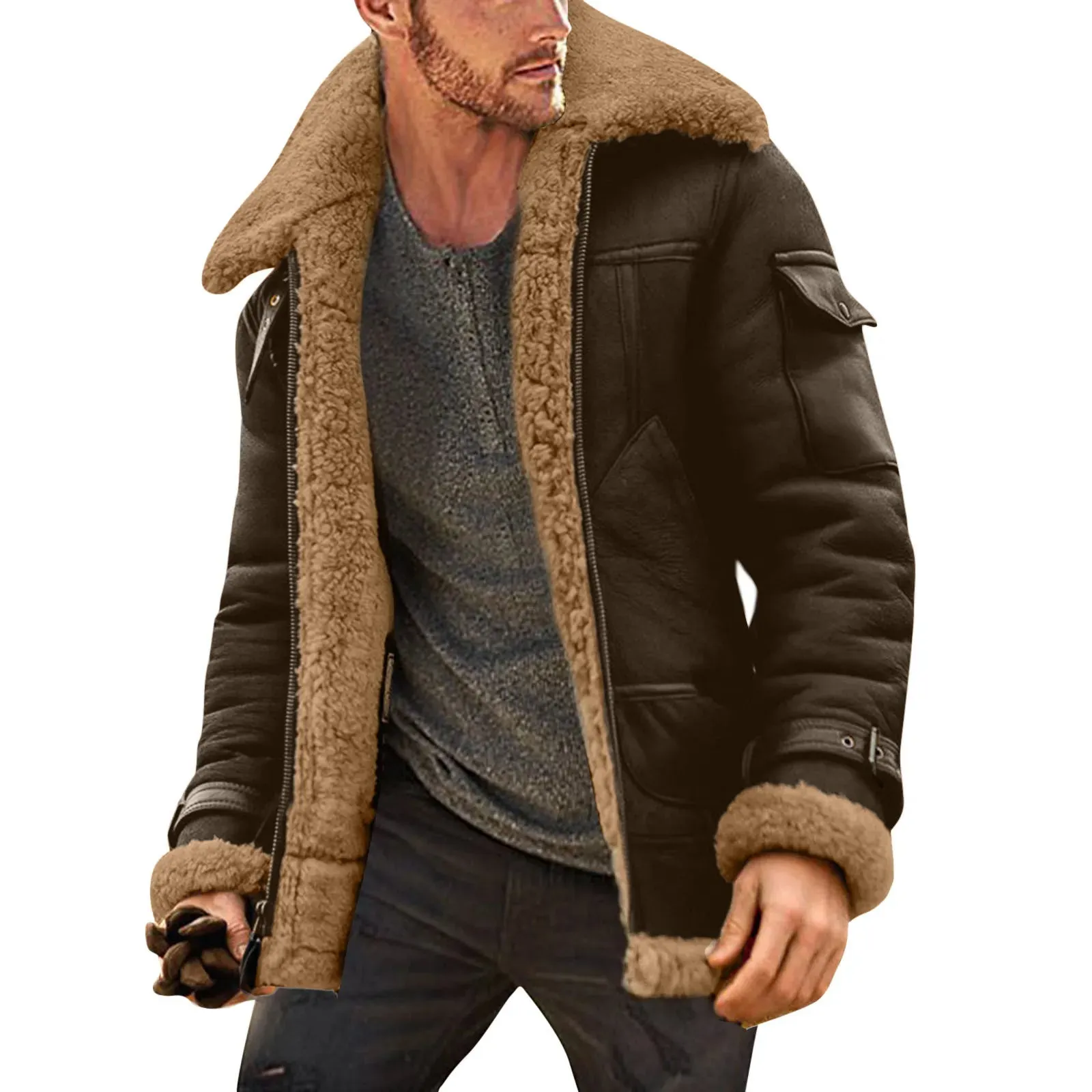 Men Plus Size Winter Scrub Leather Jackets Lapel Long Sleeve Padded Leather Jacket Vintage Thicken Padded Windbreaker Outwears
