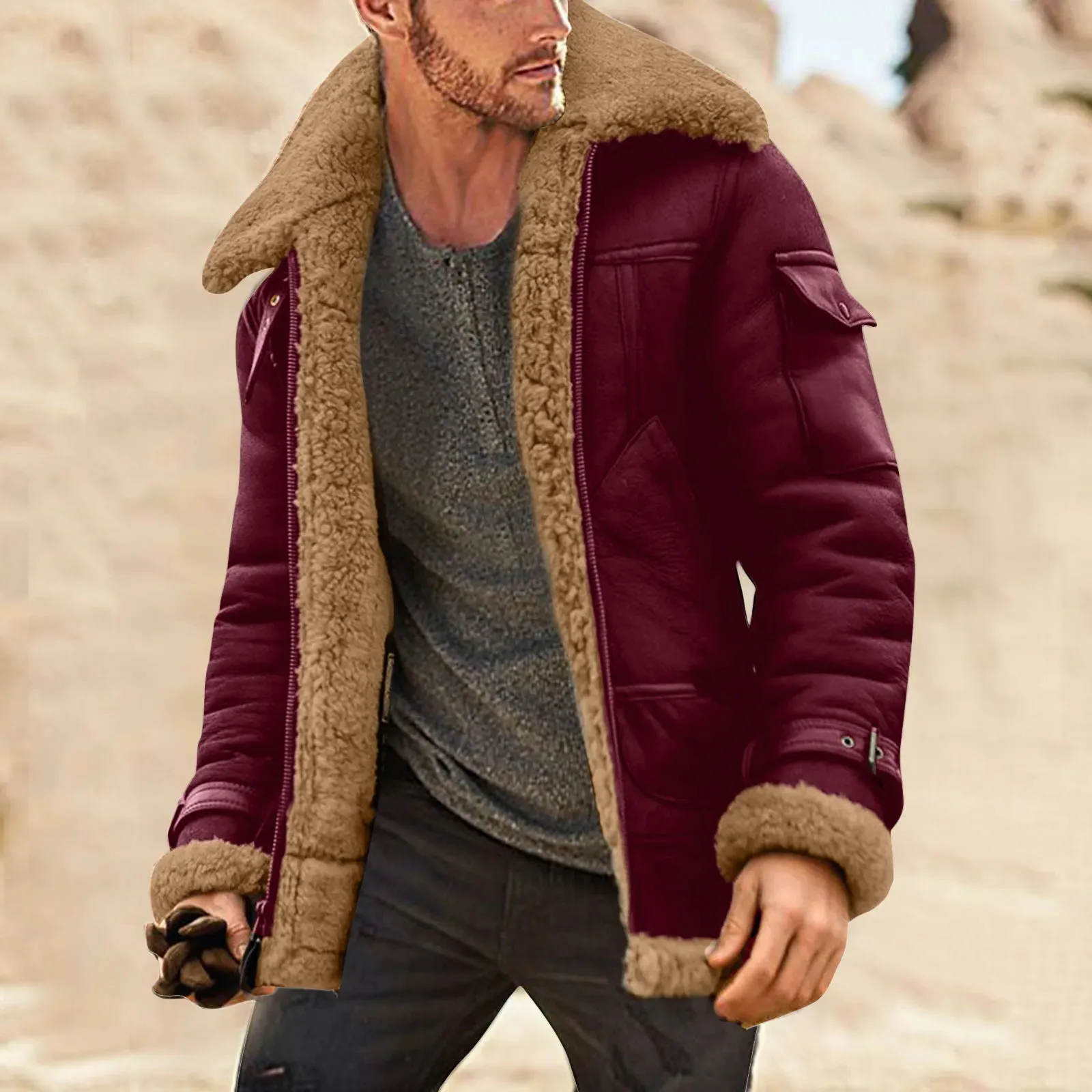 Men Plus Size Winter Scrub Leather Jackets Lapel Long Sleeve Padded Leather Jacket Vintage Thicken Padded Windbreaker Outwears