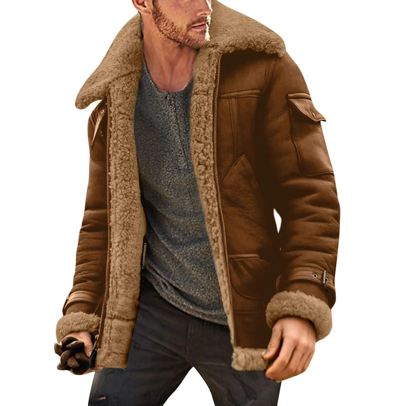 Men Plus Size Winter Scrub Leather Jackets Lapel Long Sleeve Padded Leather Jacket Vintage Thicken Padded Windbreaker Outwears