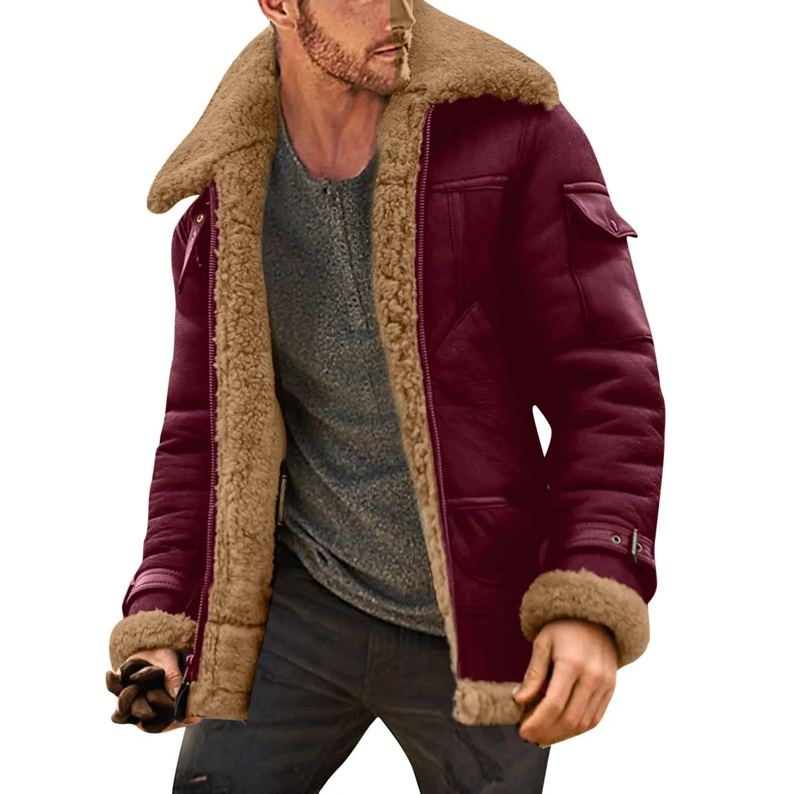 Men Plus Size Winter Scrub Leather Jackets Lapel Long Sleeve Padded Leather Jacket Vintage Thicken Padded Windbreaker Outwears
