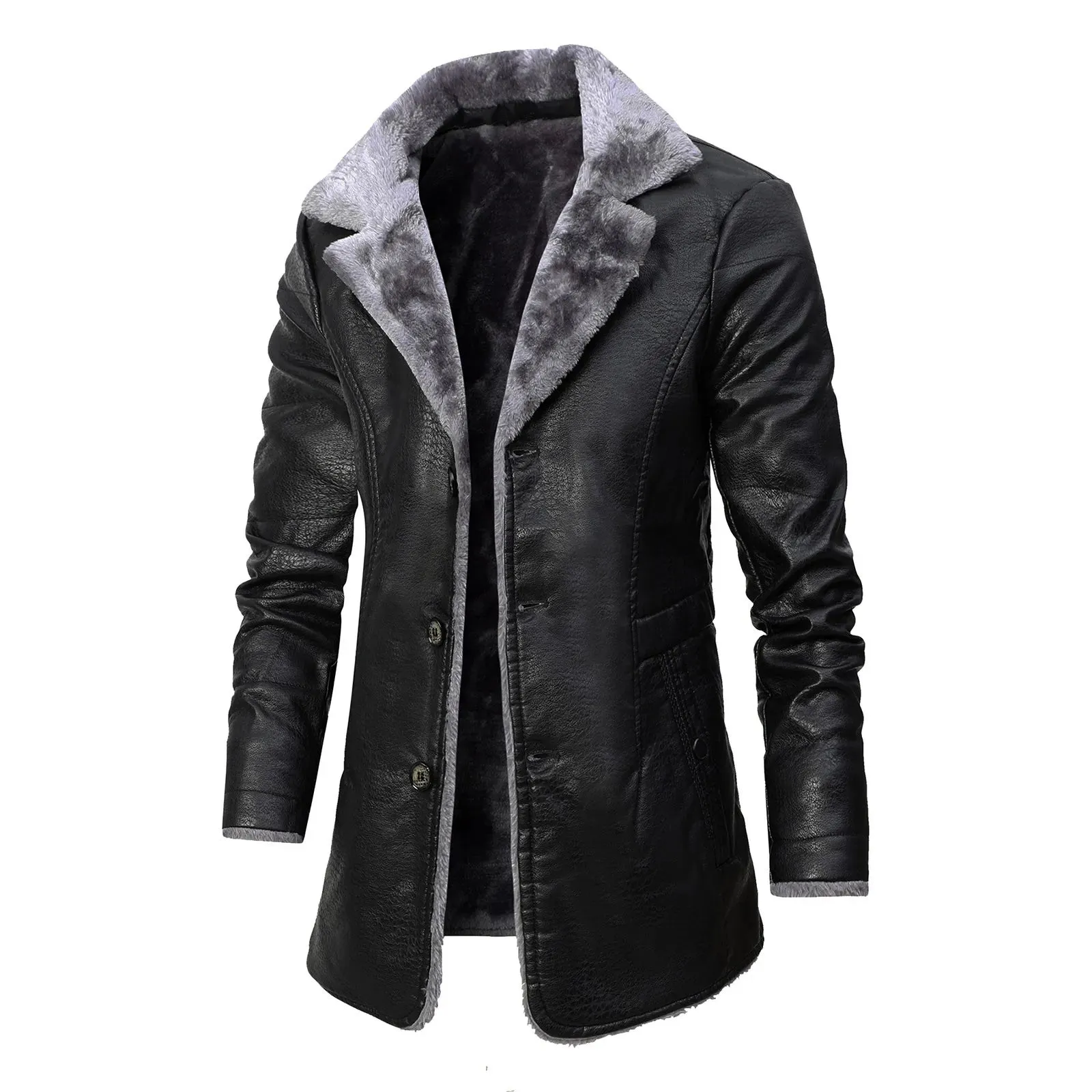 Men'S Autumn And Winter Jackets Mid-Length Business Plus Velvet Lapel Suit Plush Hooded Collar Slim Fit Leather Warm Outwear