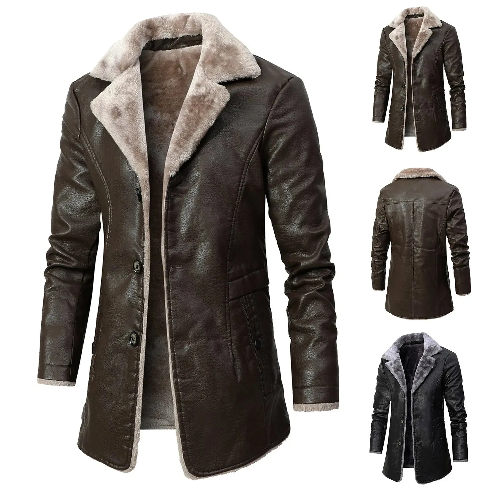 Men'S Autumn And Winter Jackets Mid-Length Business Plus Velvet Lapel Suit Plush Hooded Collar Slim Fit Leather Warm Outwear