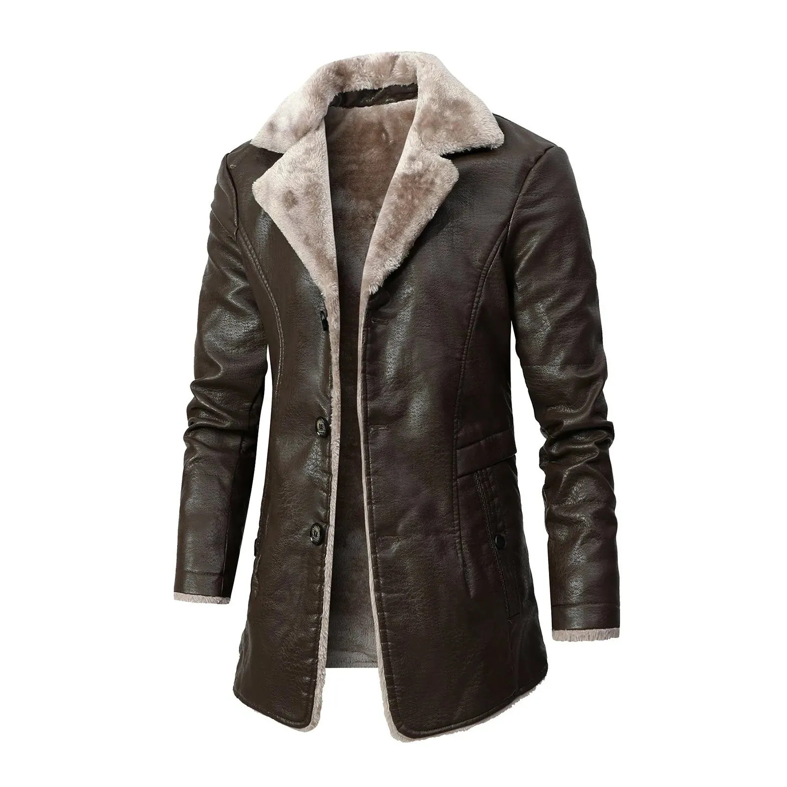 Men'S Autumn And Winter Jackets Mid-Length Business Plus Velvet Lapel Suit Plush Hooded Collar Slim Fit Leather Warm Outwear