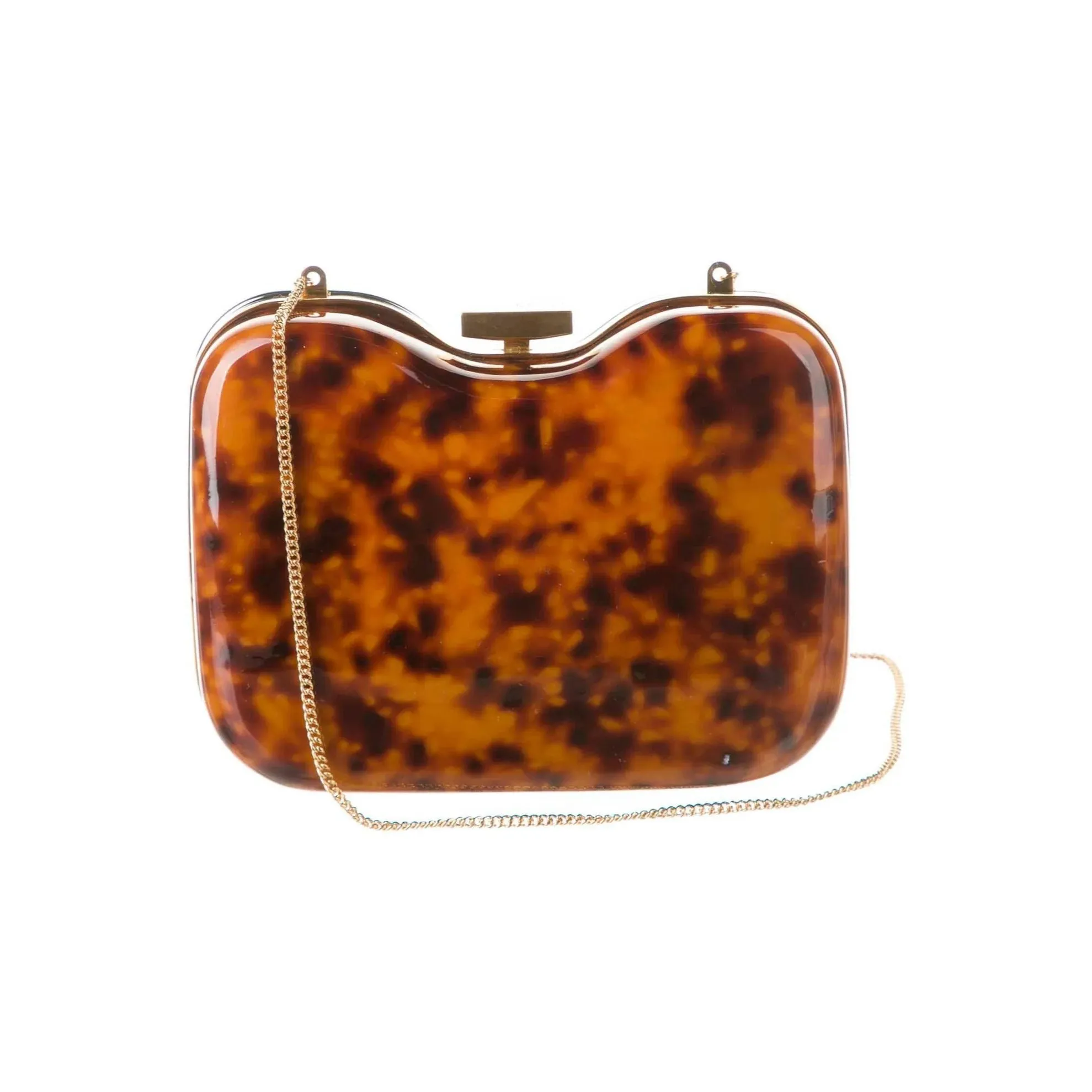 Retro, Fendi two way- clutch or cross body/shoulder clam shell style purse made of red & tortoise shell Lucite with a gold chain strap