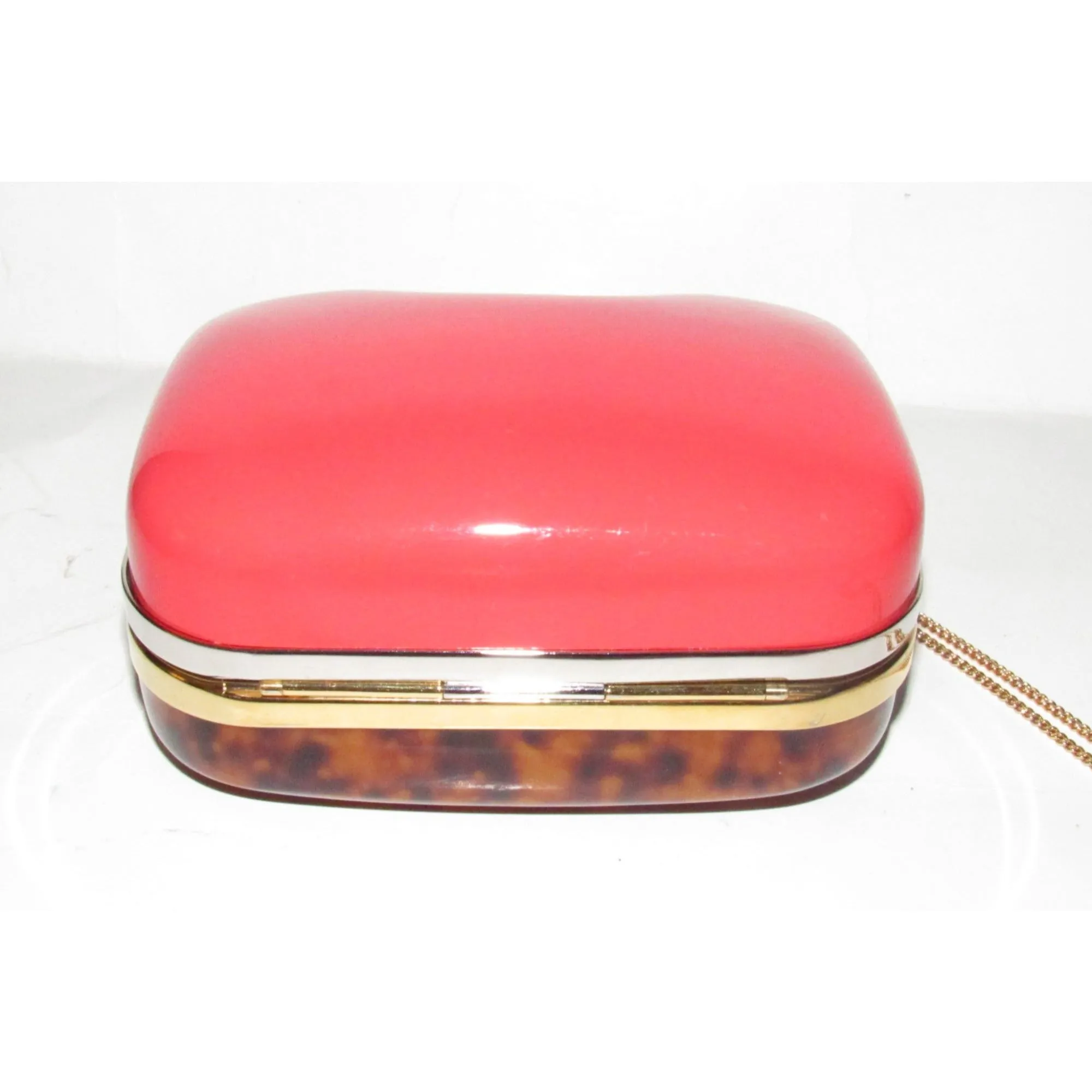 Retro, Fendi two way- clutch or cross body/shoulder clam shell style purse made of red & tortoise shell Lucite with a gold chain strap