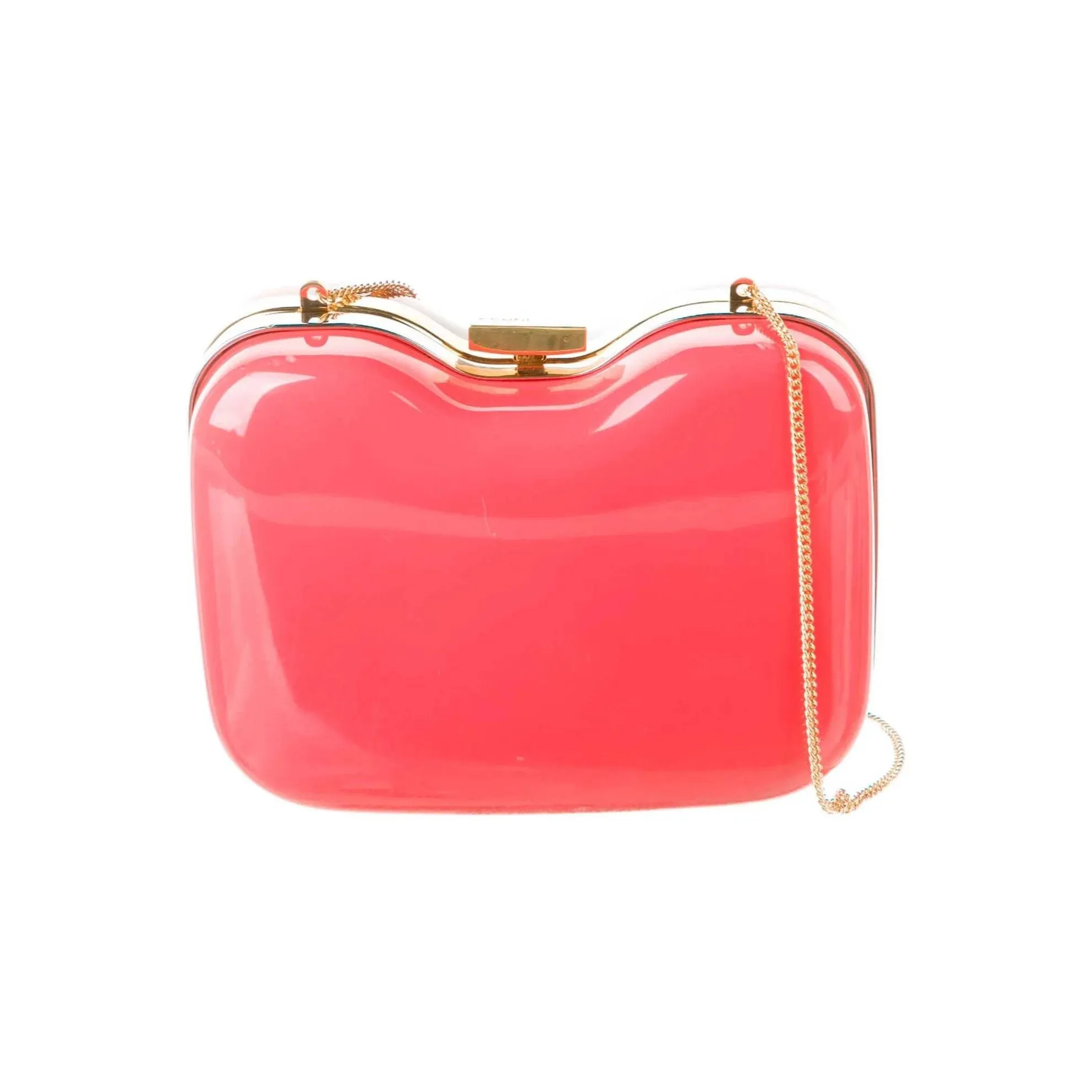 Retro, Fendi two way- clutch or cross body/shoulder clam shell style purse made of red & tortoise shell Lucite with a gold chain strap