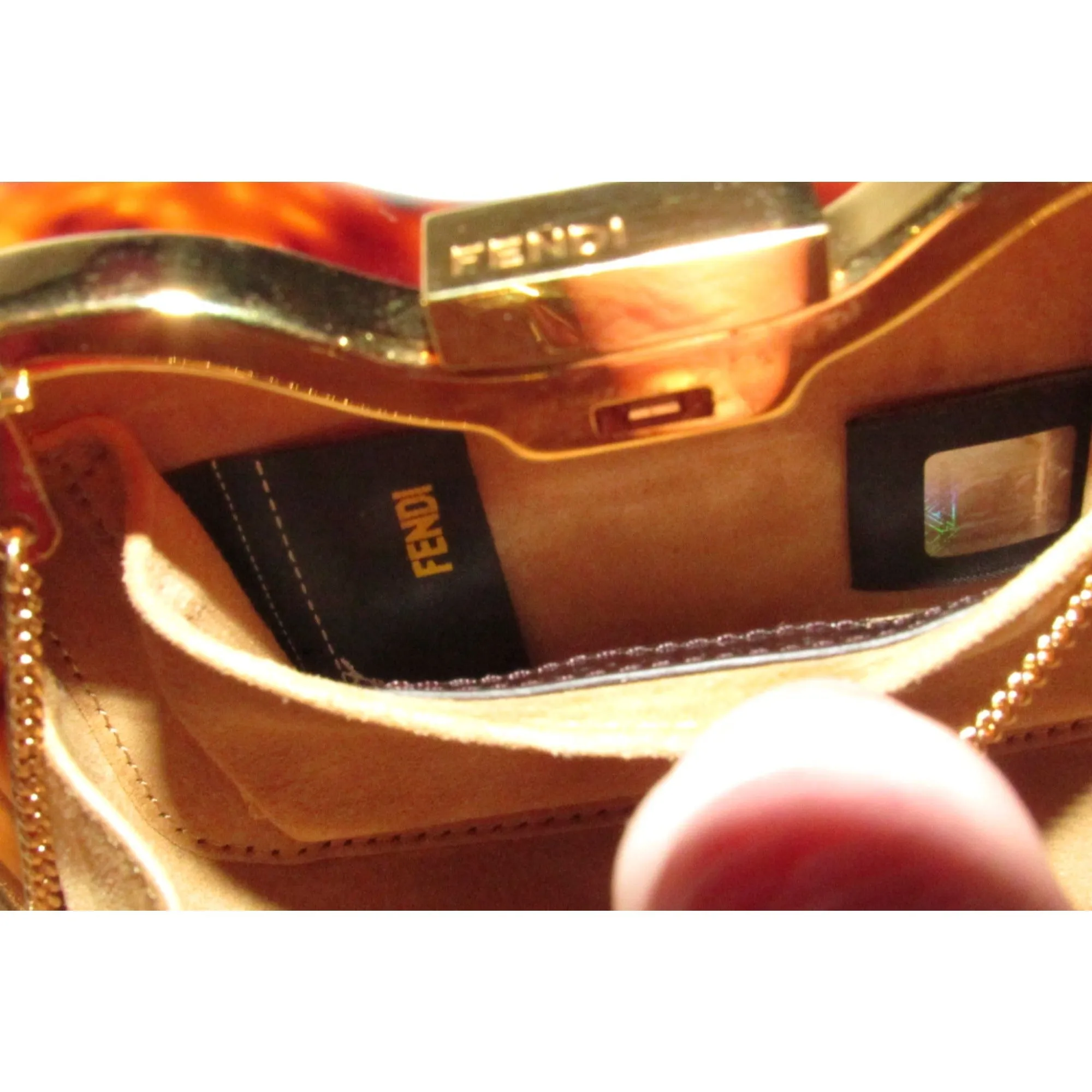 Retro, Fendi two way- clutch or cross body/shoulder clam shell style purse made of red & tortoise shell Lucite with a gold chain strap