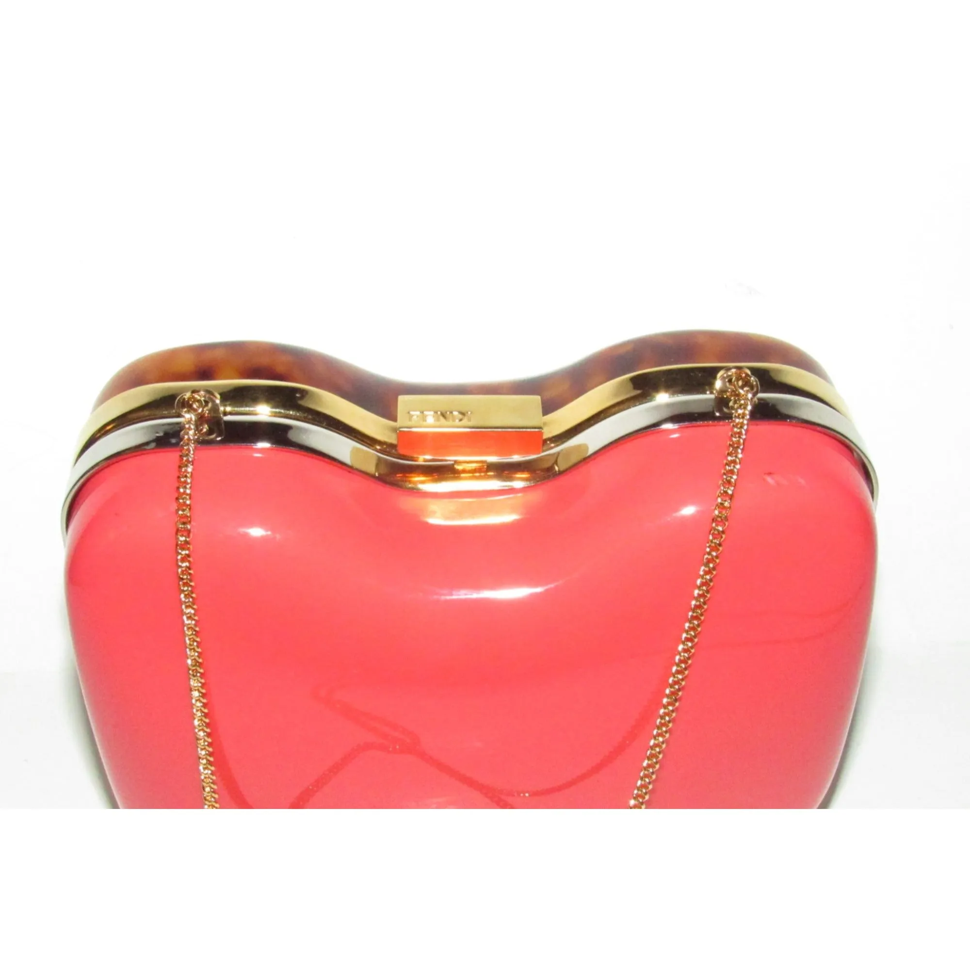 Retro, Fendi two way- clutch or cross body/shoulder clam shell style purse made of red & tortoise shell Lucite with a gold chain strap
