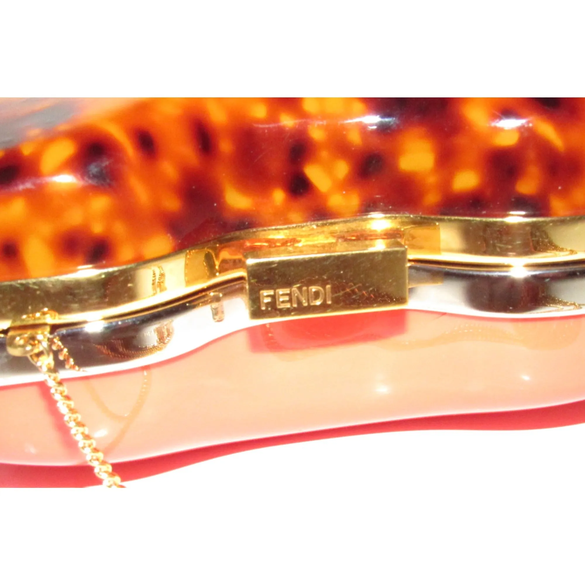 Retro, Fendi two way- clutch or cross body/shoulder clam shell style purse made of red & tortoise shell Lucite with a gold chain strap