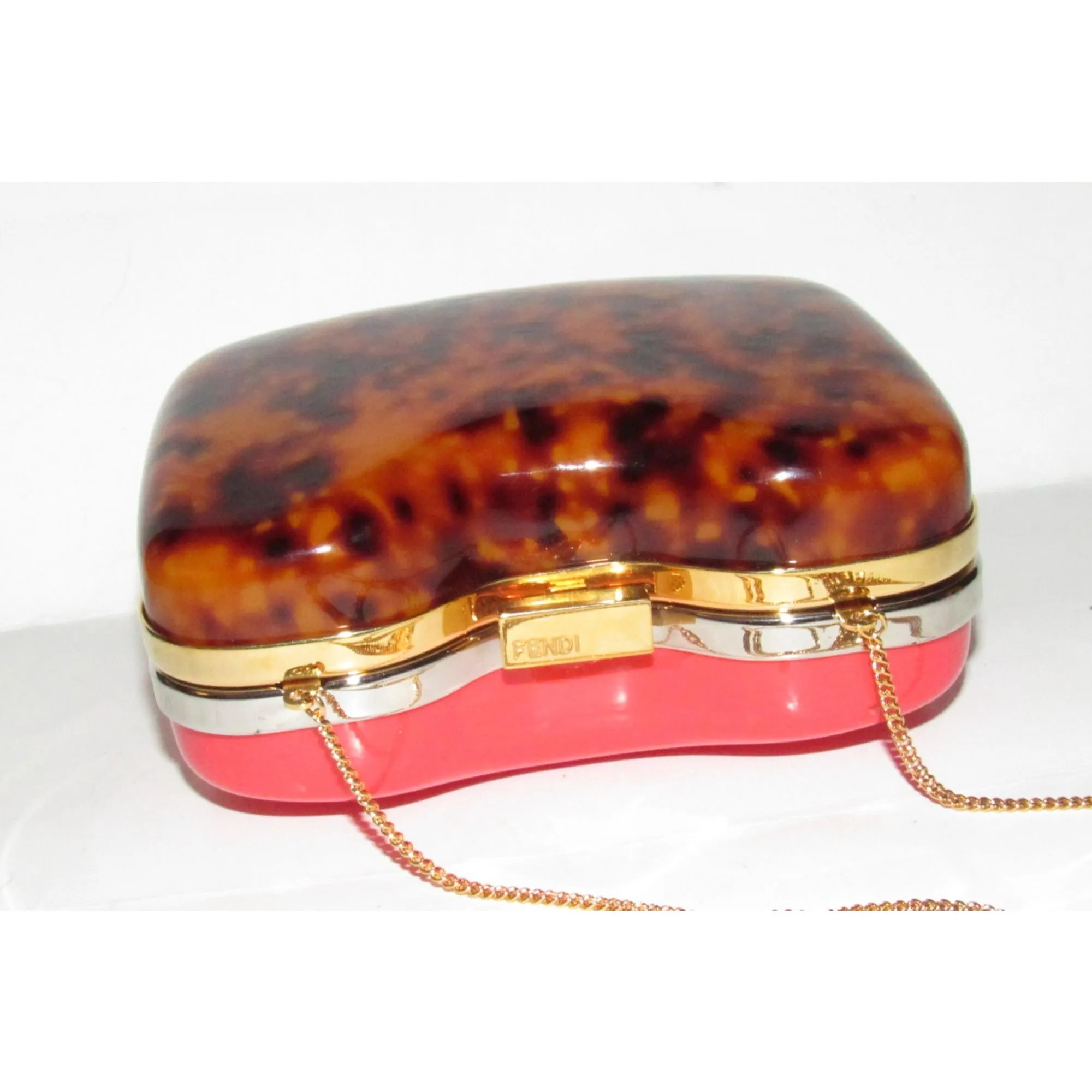 Retro, Fendi two way- clutch or cross body/shoulder clam shell style purse made of red & tortoise shell Lucite with a gold chain strap