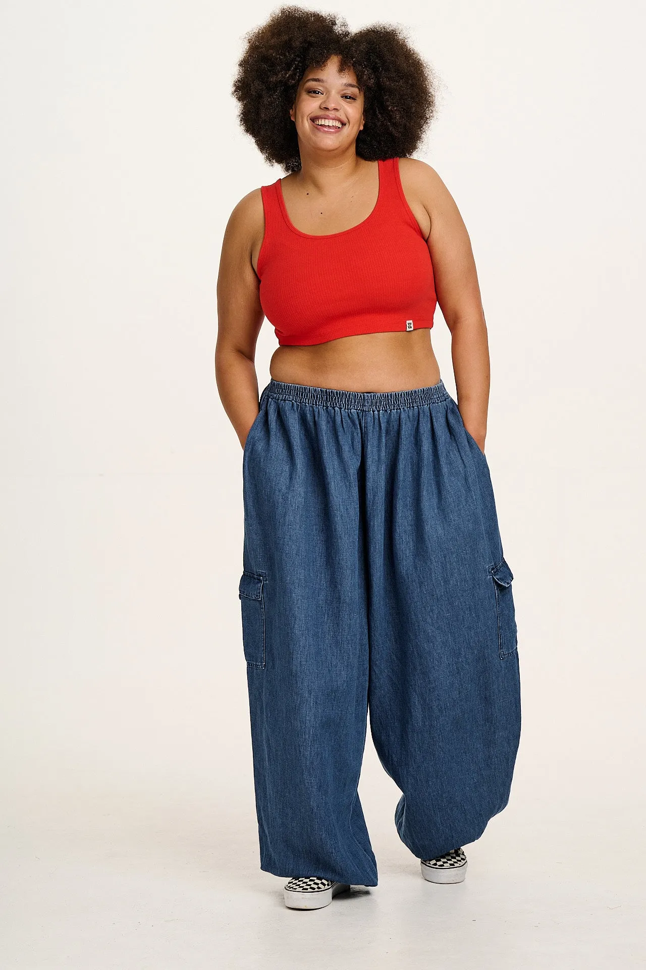 Rumi - Cotton & Hemp Balloon Trousers in Mid Wash Blue