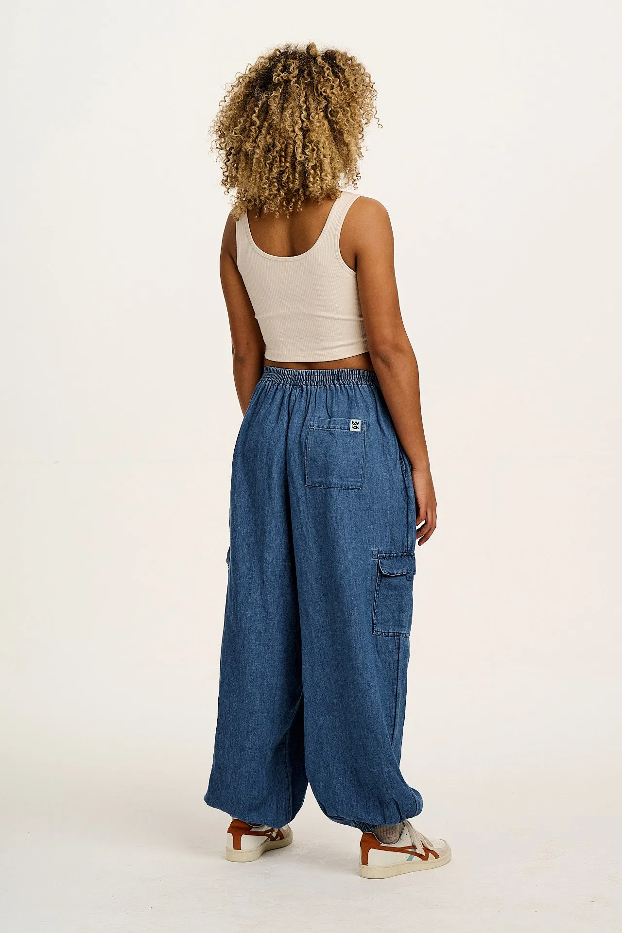 Rumi - Cotton & Hemp Balloon Trousers in Mid Wash Blue