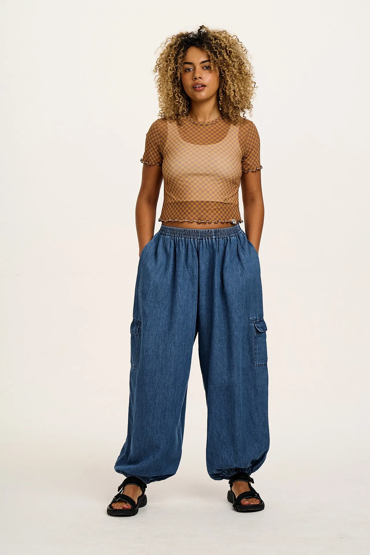 Rumi - Cotton & Hemp Balloon Trousers in Mid Wash Blue