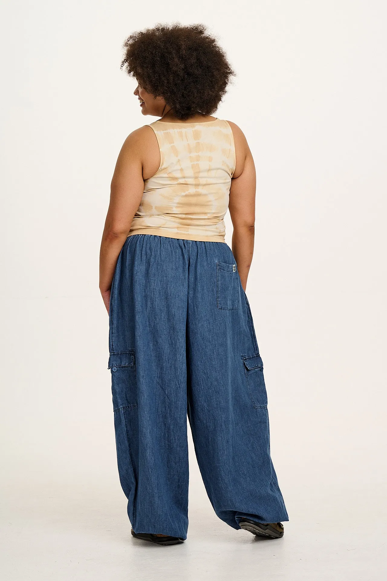 Rumi - Cotton & Hemp Balloon Trousers in Mid Wash Blue