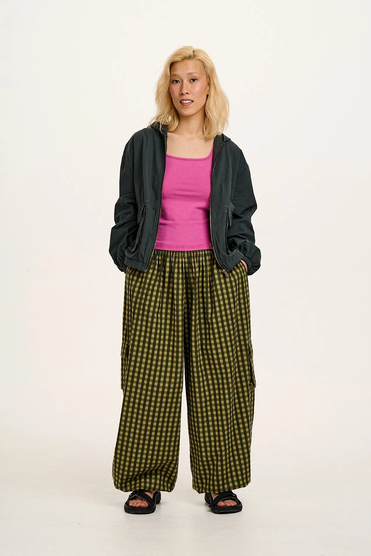 Rumi - Cotton & Linen Balloon Trousers in Green Emin Gingham